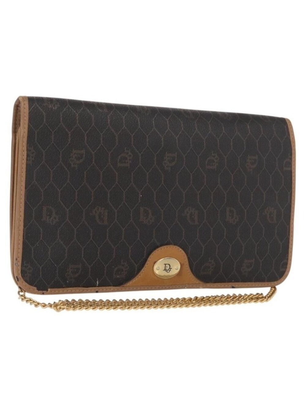 Authentic Christian Dior Honeycomb Canvas Chain Shoulder Bag PVC Black Gold